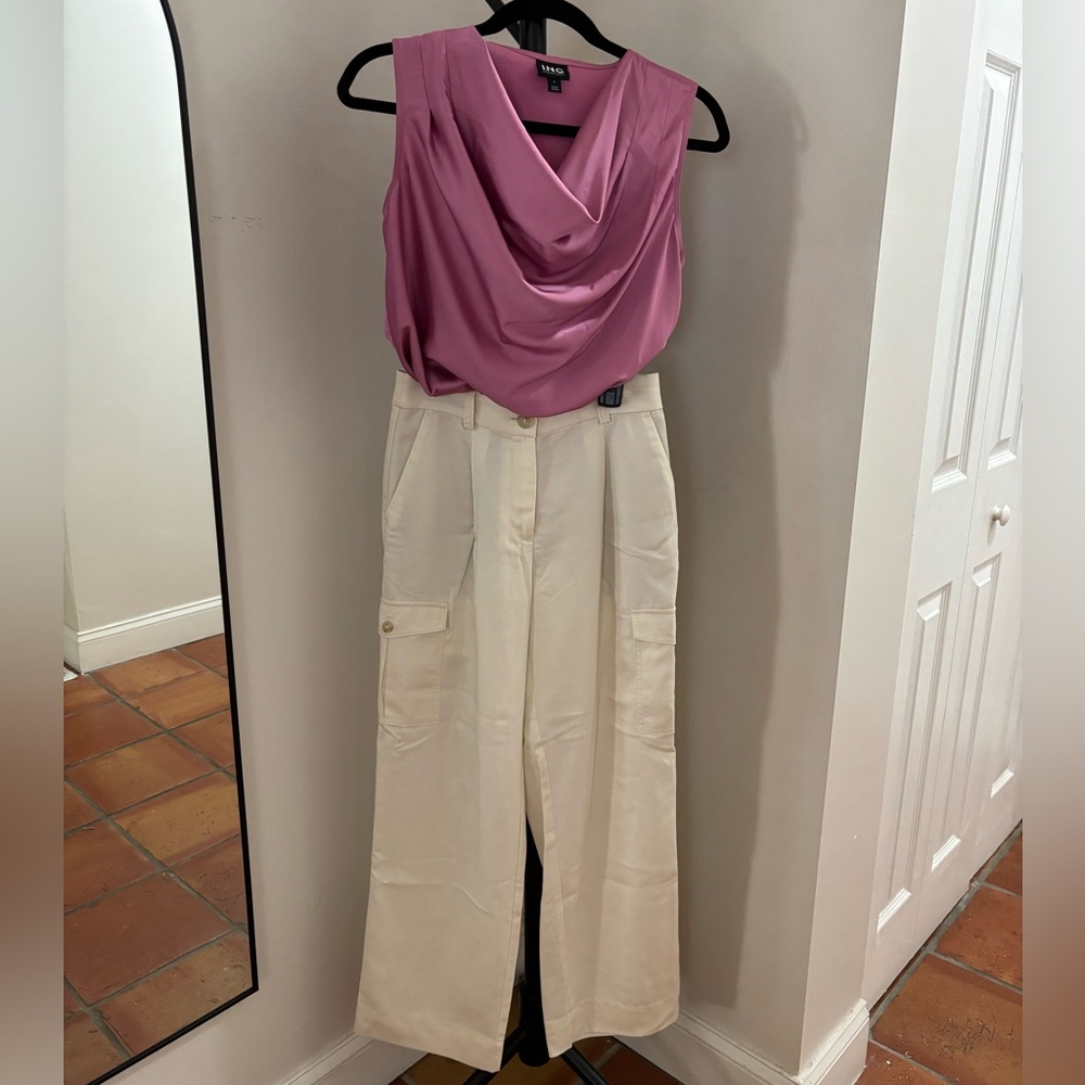 Linen cargo pants and pink silk shirt outfit. Pants are 00P, blouse small